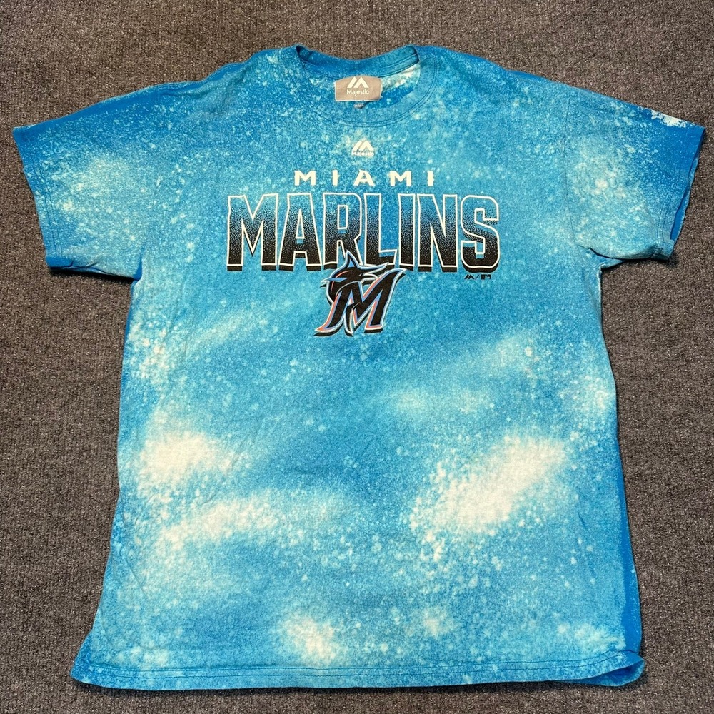 Majestic Miami Marlins MLB Bleach Wash Graphic T-Shirt Mens Medium Blue